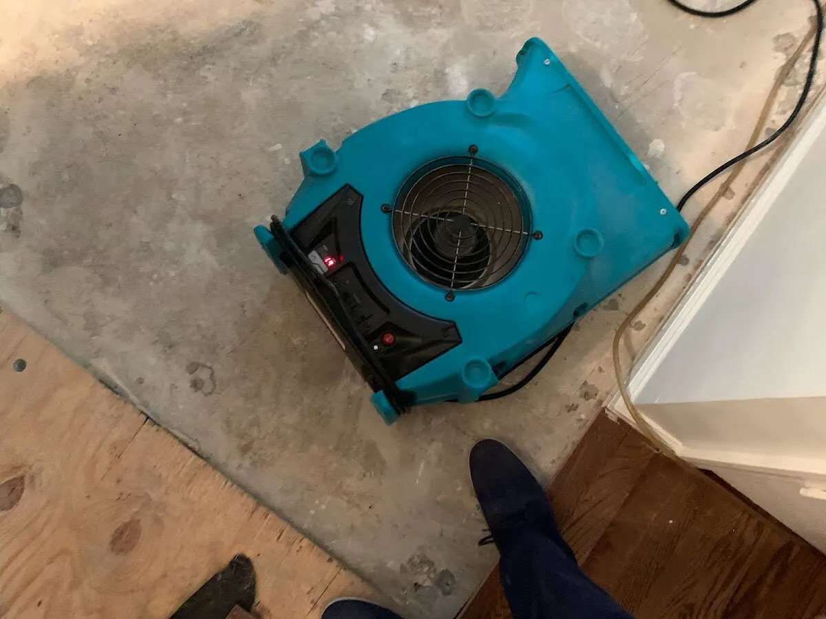 Air mover drying subfloor during Commercial Water Damage Restoration in Sayreville